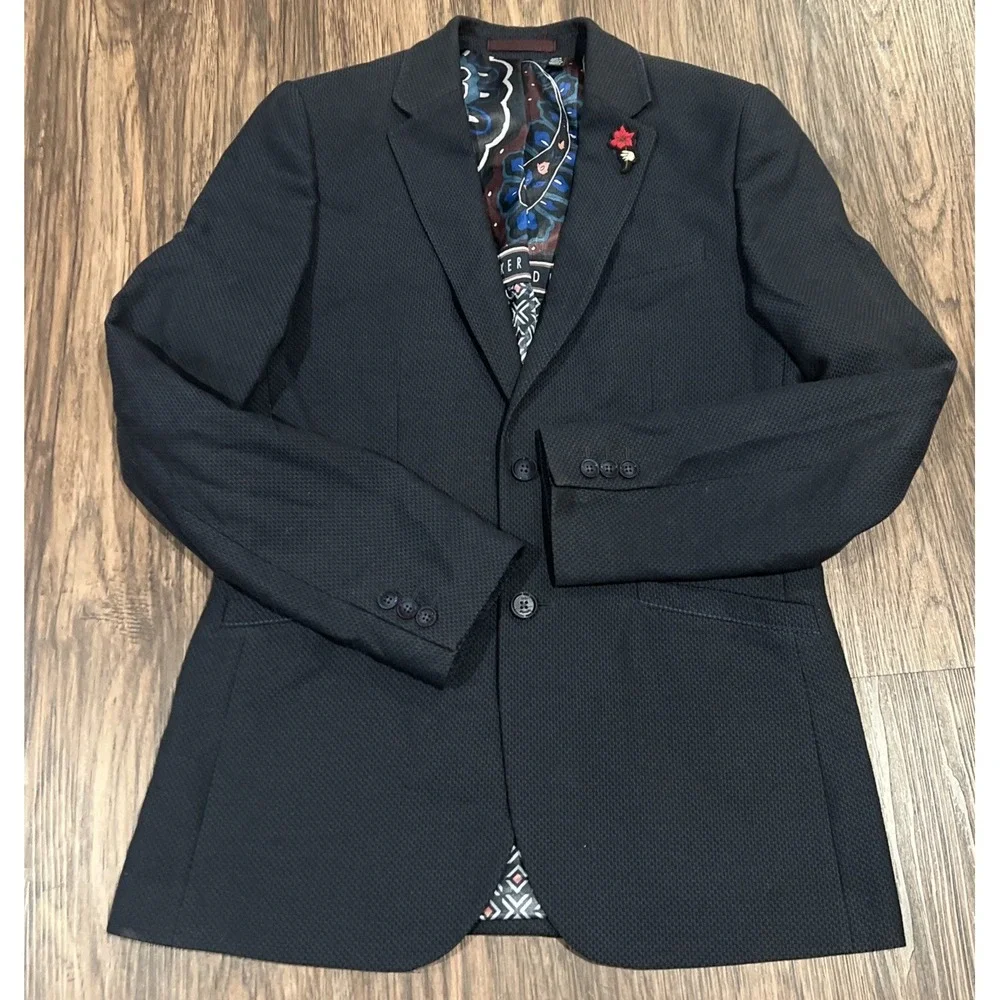 Ted Baker London Linen Herringbone Jacket Size 3 Navy Gray 2 Button Blazer